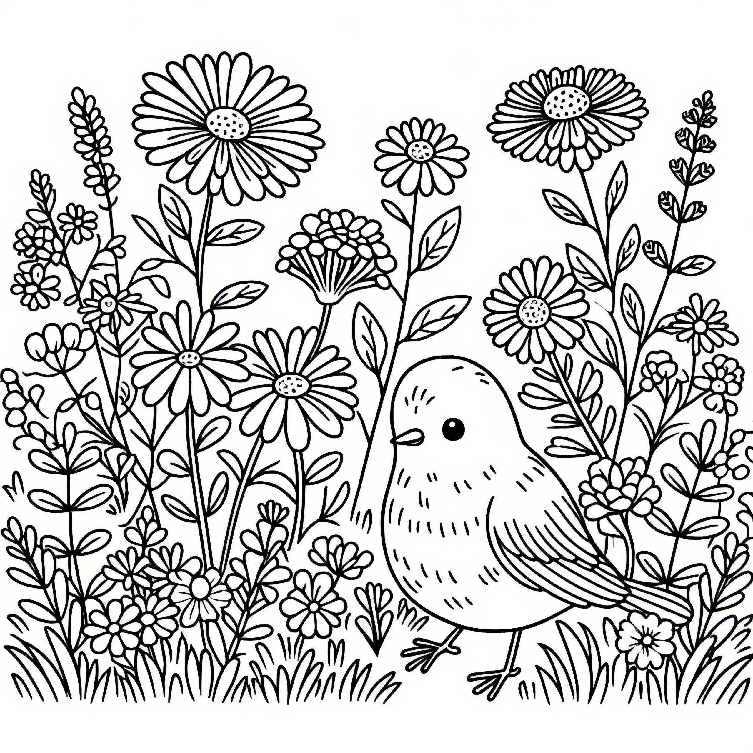 Vogel sitzt zwischen Wildblumen am Boden – Malvorlage gratis (Ausmalbild)