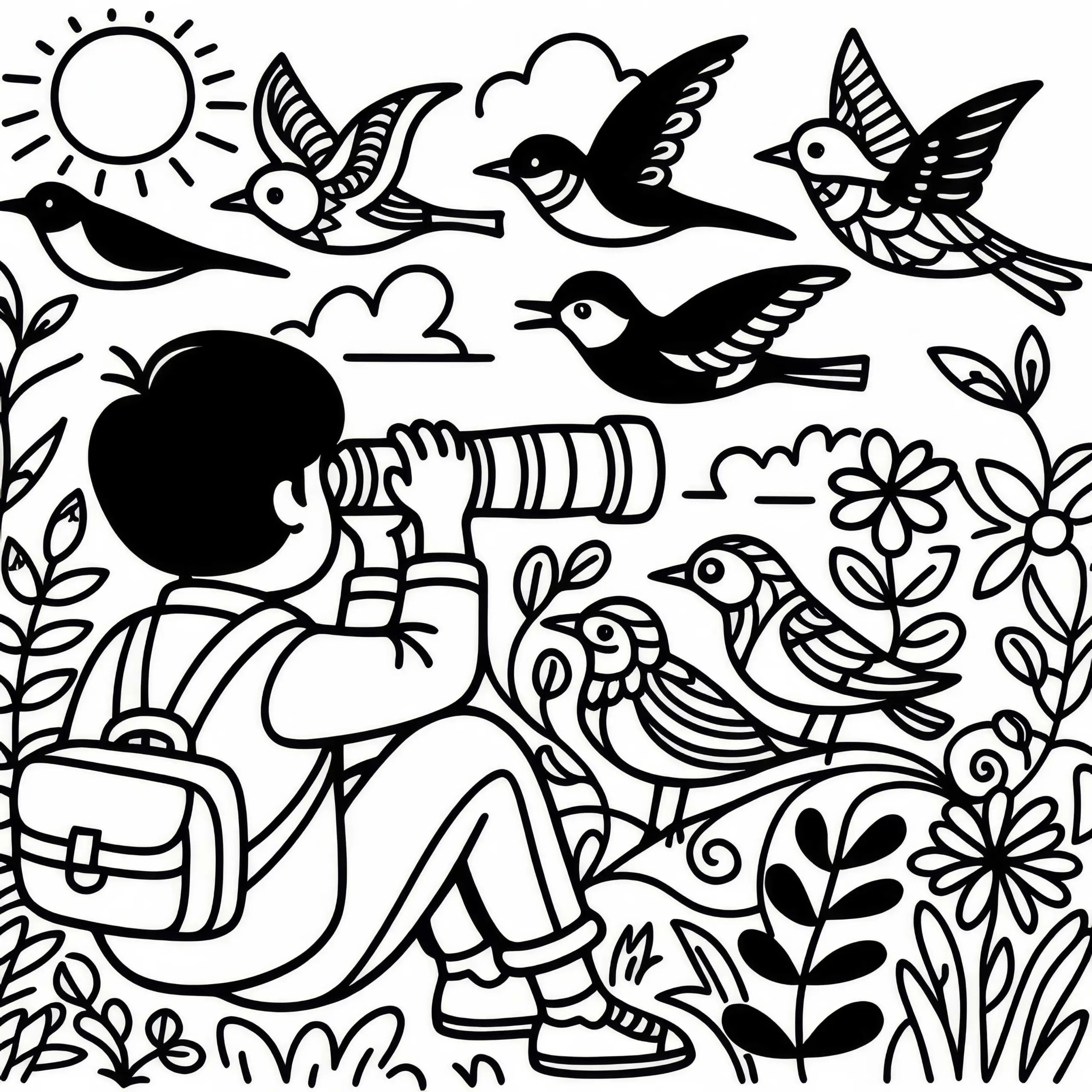 Vogelbeobachtung Malvorlage für dein Outdoor-Hobby – Kostenlos herunterladen (Ausmalbild)