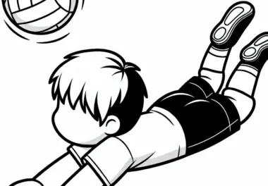 Volleyballspieler taucht zum Ball ab, um ihn vor dem Boden zu retten – Malvorlage kostenlos
