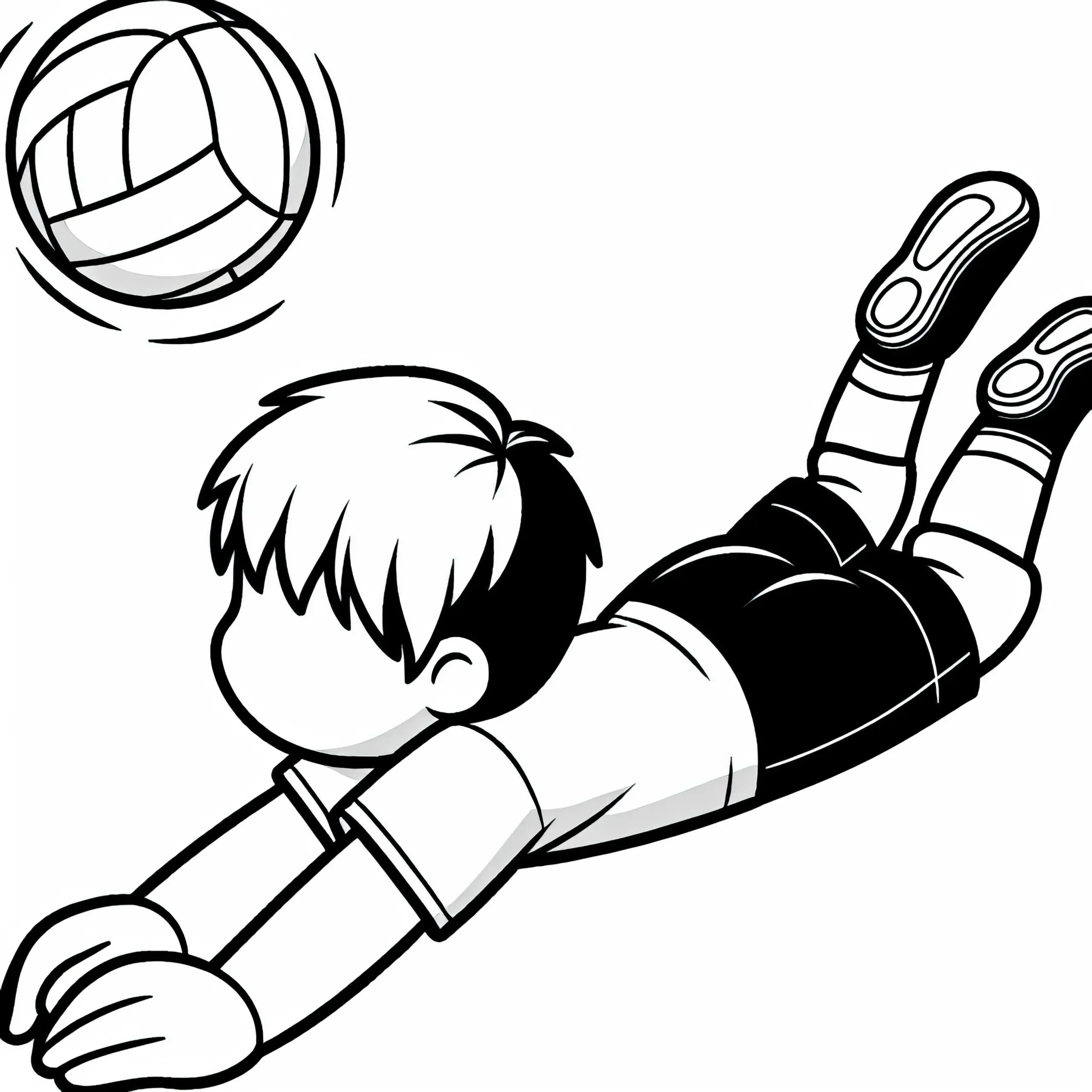 Volleyballspieler taucht zum Ball ab, um ihn vor dem Boden zu retten – Malvorlage kostenlos (Ausmalbild)