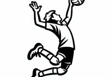 Volleyballspieler springt hoch für einen kraftvollen Schmetterschlag – Malvorlage kostenlos