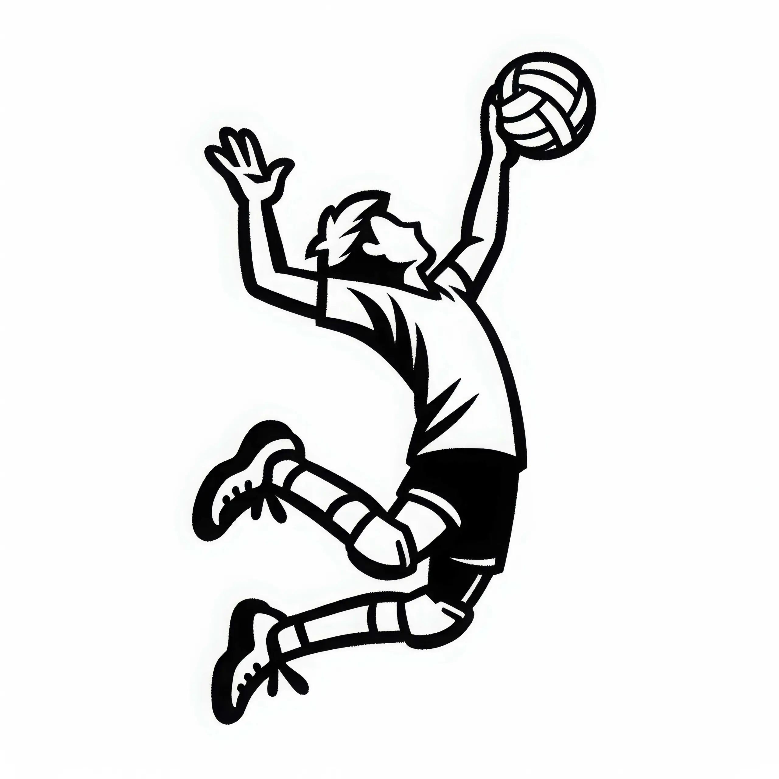 Volleyballspieler springt hoch für einen kraftvollen Schmetterschlag – Malvorlage kostenlos (Ausmalbild)
