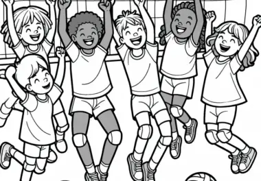 Volleyballteam feiert Punkt – Malvorlage einfach kostenlos