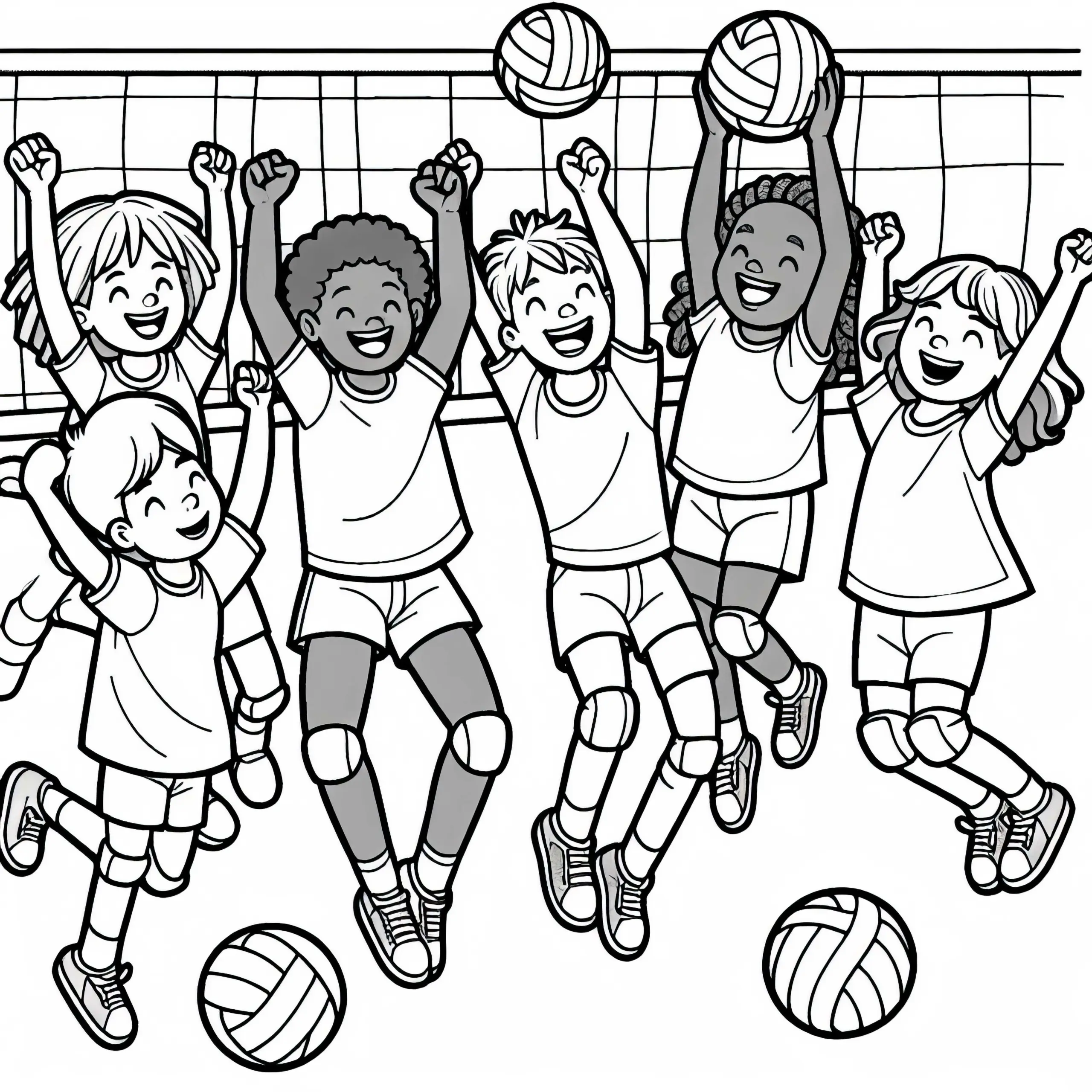 Volleyballteam feiert Punkt – Malvorlage einfach kostenlos (Ausmalbild)