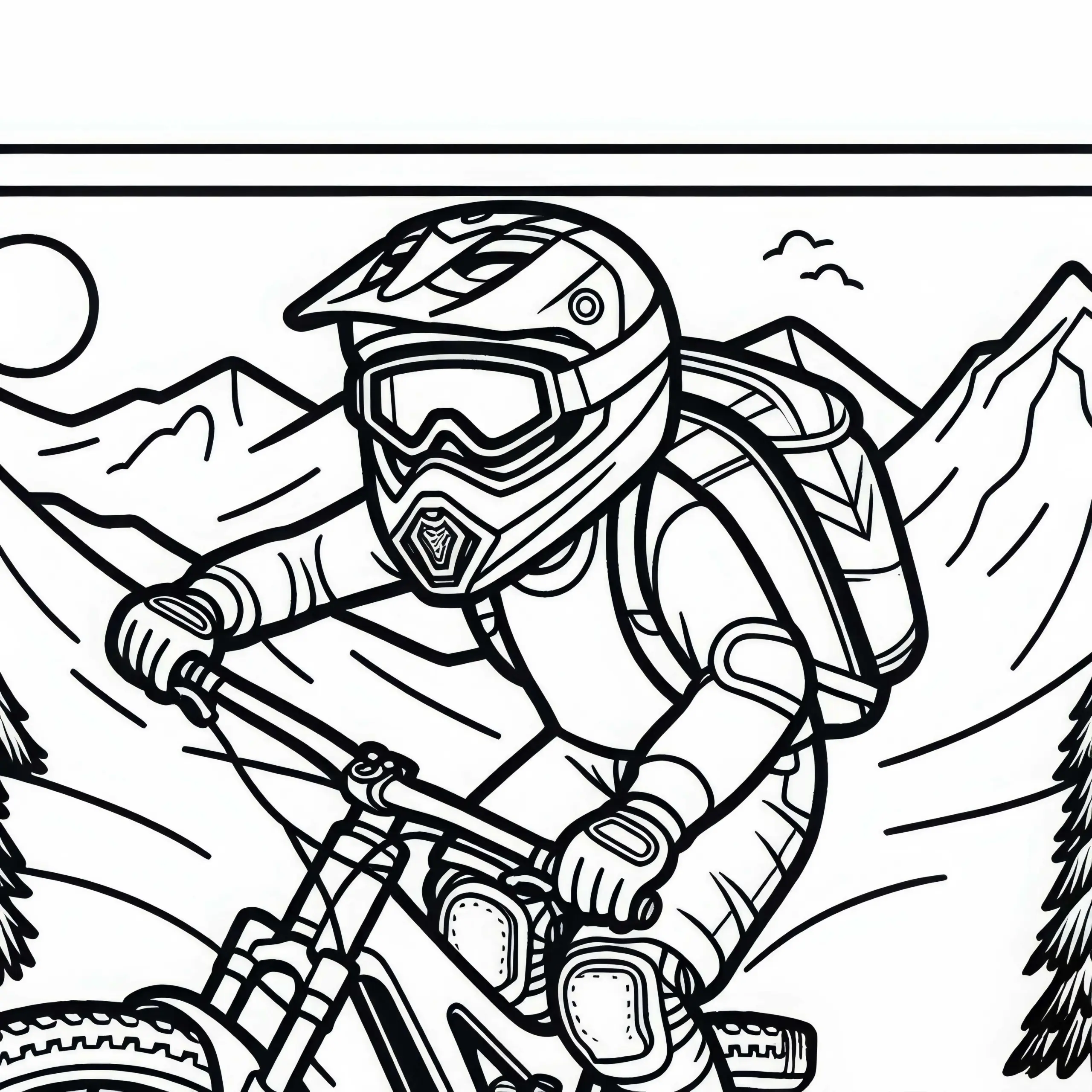 Vollschutzhelm und Protektoren für Downhill-Mountainbiking Malvorlage kostenlos (Ausmalbild)