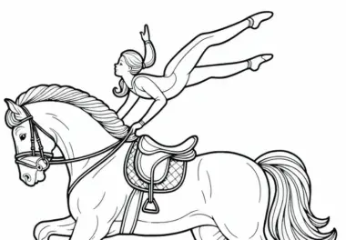 Voltigiererin zeigt beim Reitsport akrobatische Pose auf dem Pferd – Ausmalbild kostenlos