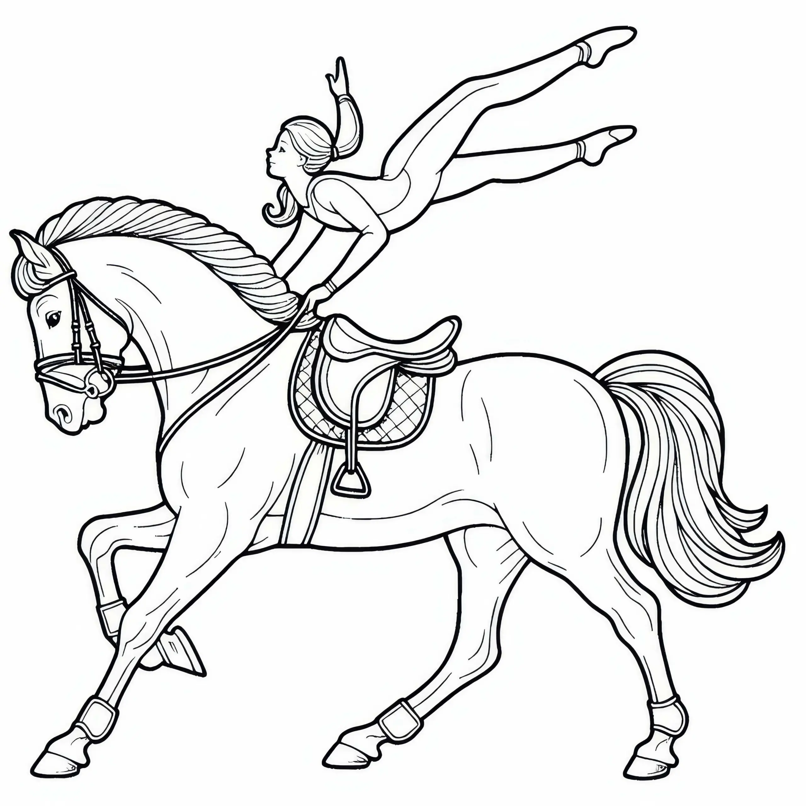Voltigiererin zeigt beim Reitsport akrobatische Pose auf dem Pferd – Ausmalbild kostenlos