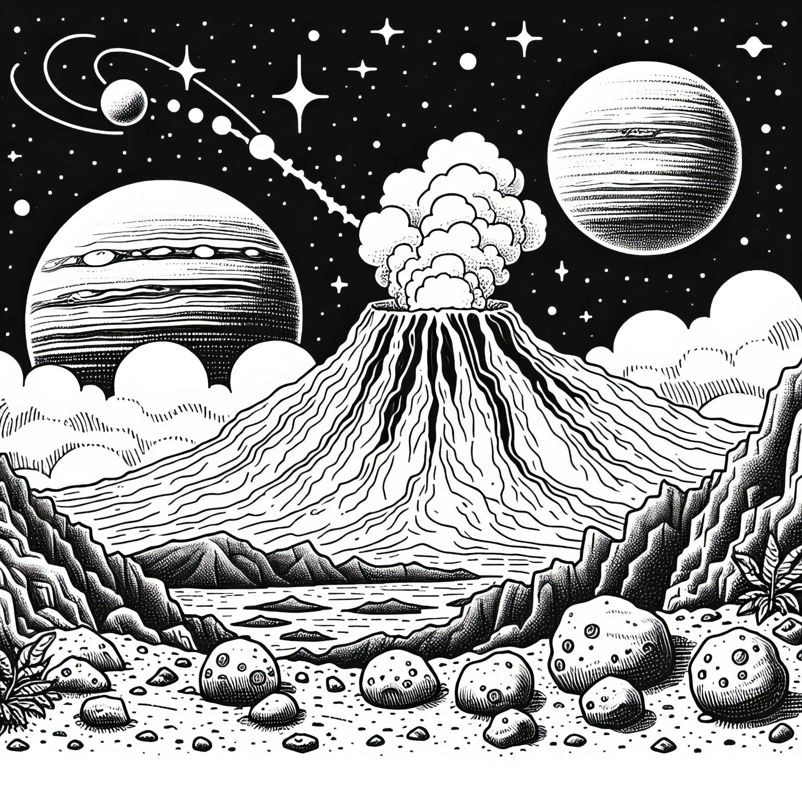 Vulkan auf Jupitermond – Malvorlage einfach kostenlos (Ausmalbild)