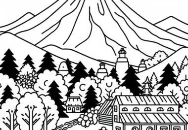 Vulkan Popocatépetl in Mexiko mit Dorf im Vordergrund – Ausmalbild Nordamerika kostenlos