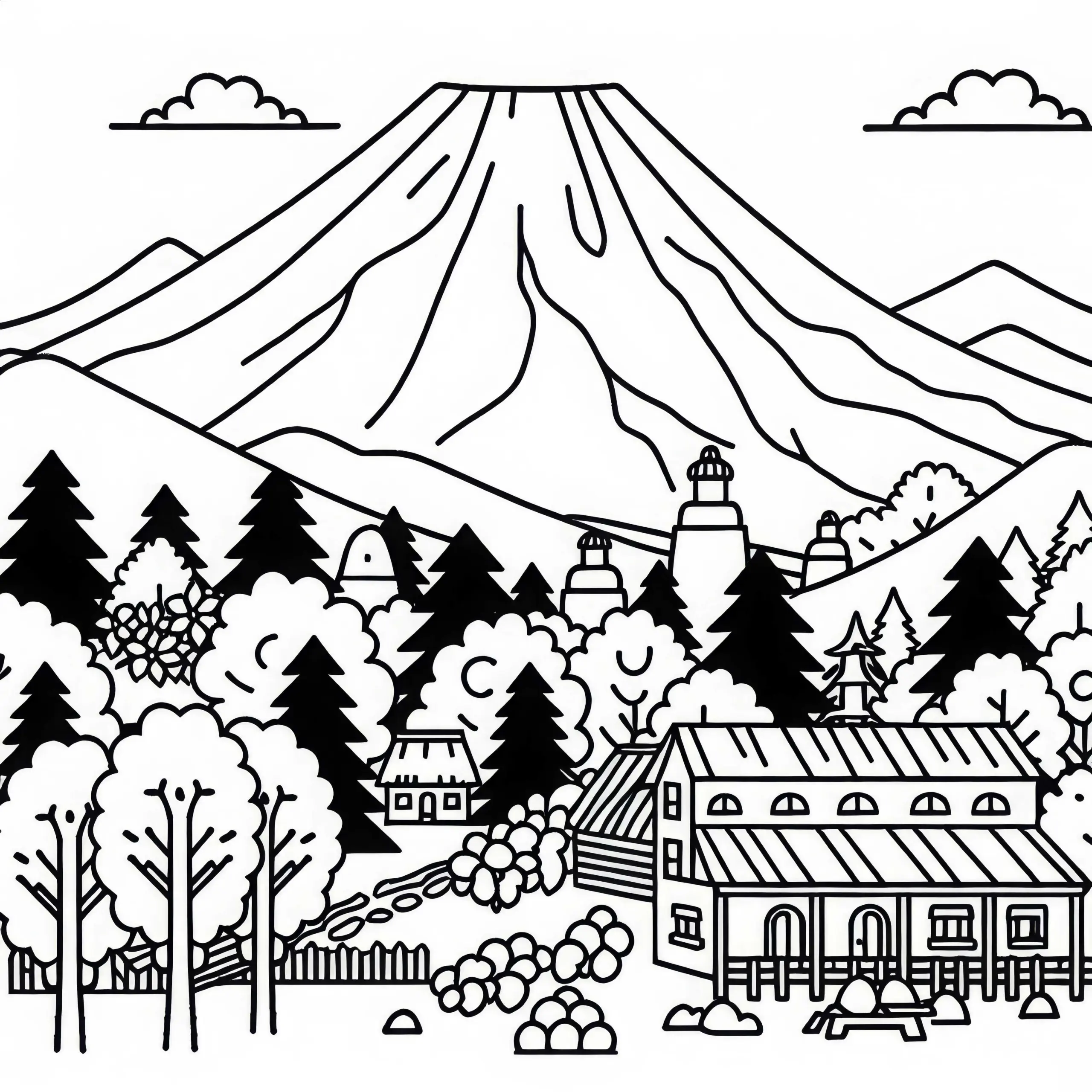 Vulkan Popocatépetl in Mexiko mit Dorf im Vordergrund – Ausmalbild Nordamerika kostenlos