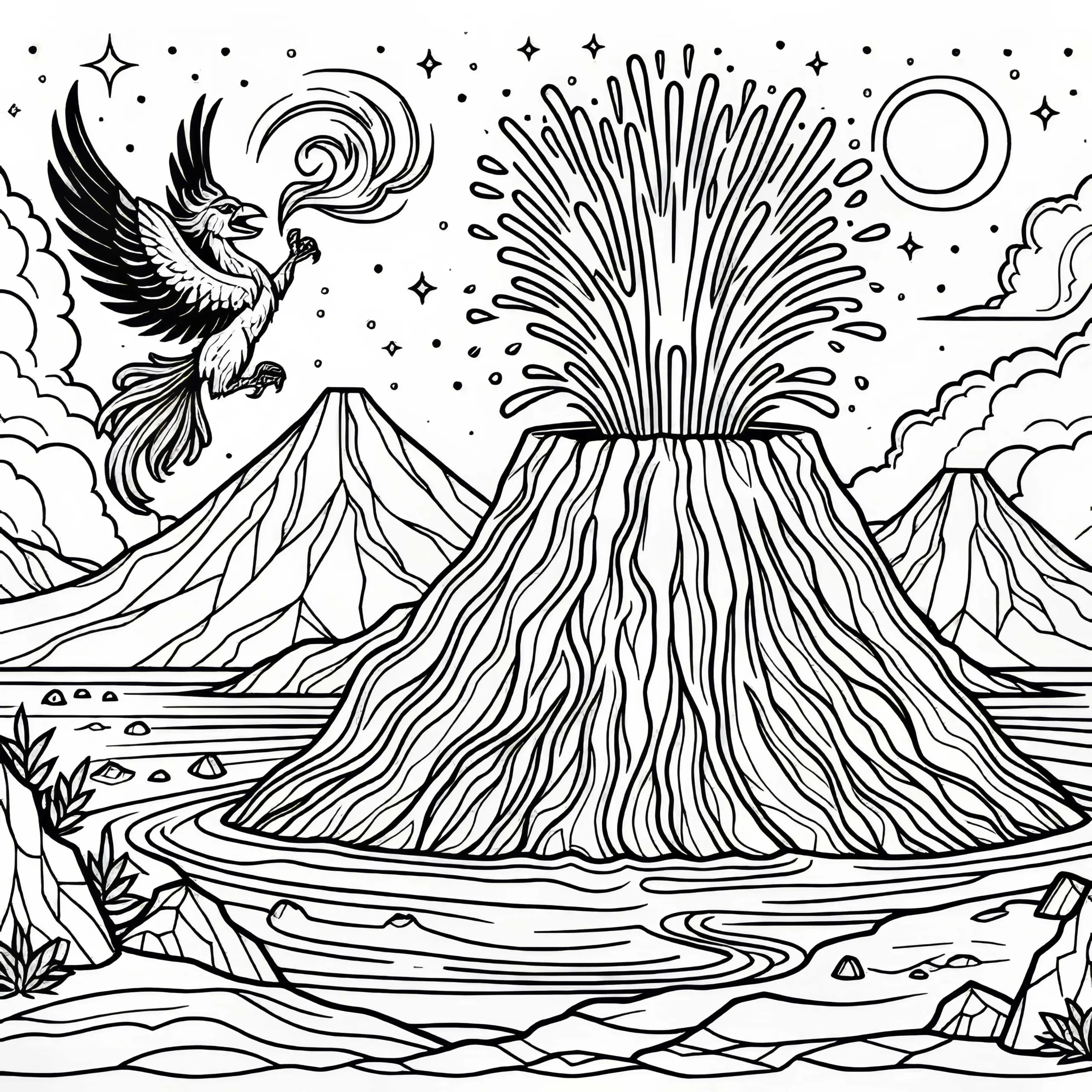 Vulkanlandschaft mit Feuervogel – Ausmalbild kostenlos