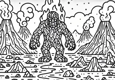 Vulkanlandschaft mit feurigem Golem, der durch eine Ebene aus glühender Asche schreitet – Ausmalbild gratis