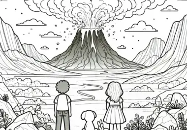 Vulkanlandschaft – Kinder beobachten den Ausbruch eines magischen Vulkans – Malvorlage gratis