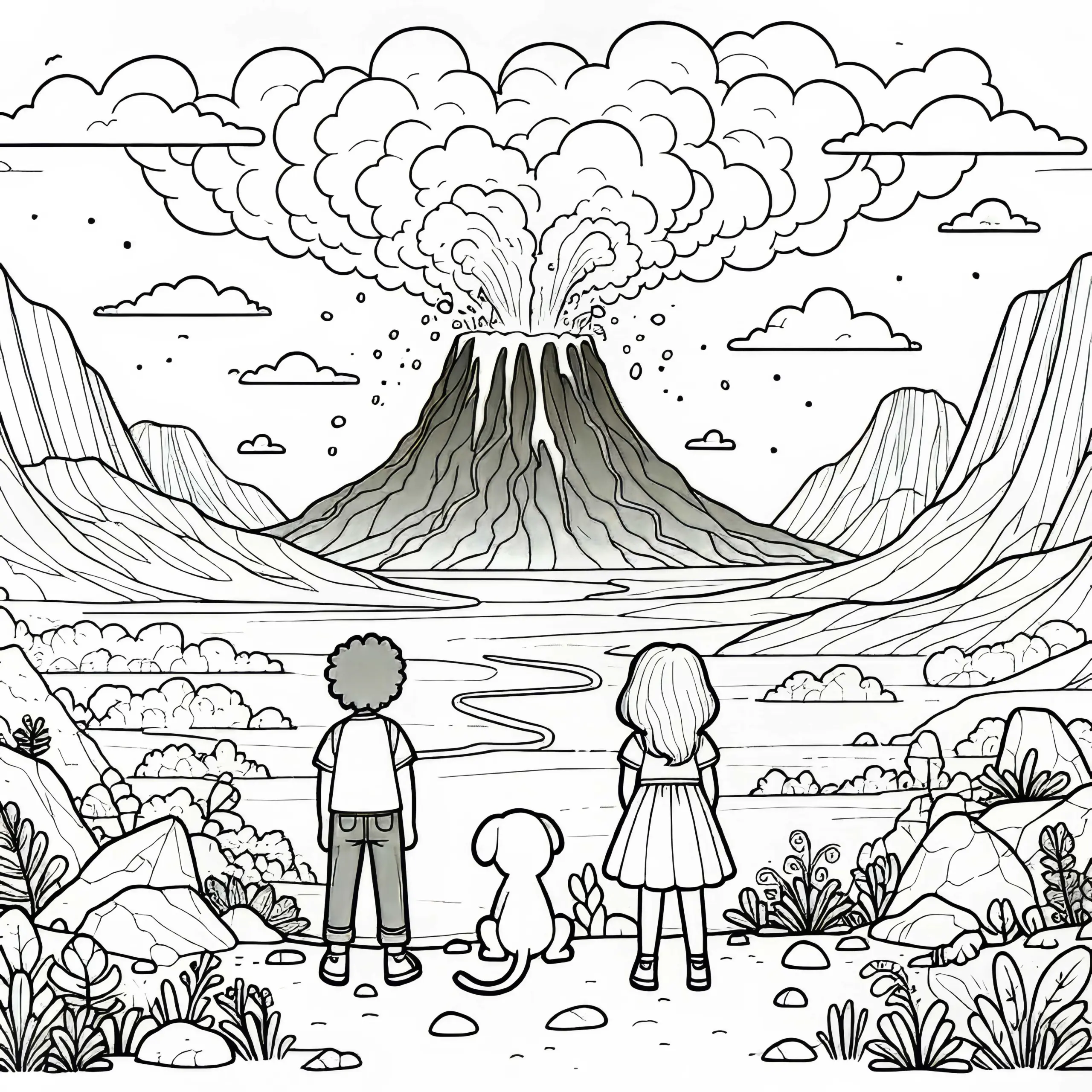 Vulkanlandschaft – Kinder beobachten den Ausbruch eines magischen Vulkans – Malvorlage gratis (Ausmalbild)