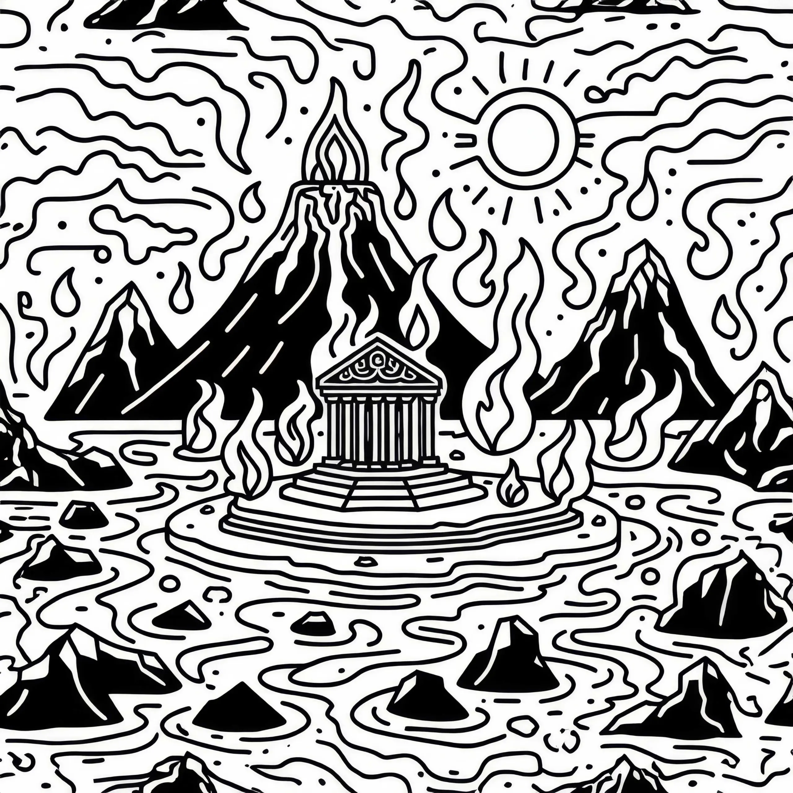 Vulkanlandschaft mit Tempel aus Obsidian auf Insel mitten in der Lava – Ausmalbild kostenlos