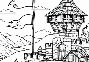 Wachturm einer Burg mit wehender Fahne – Ausmalbild kostenlos