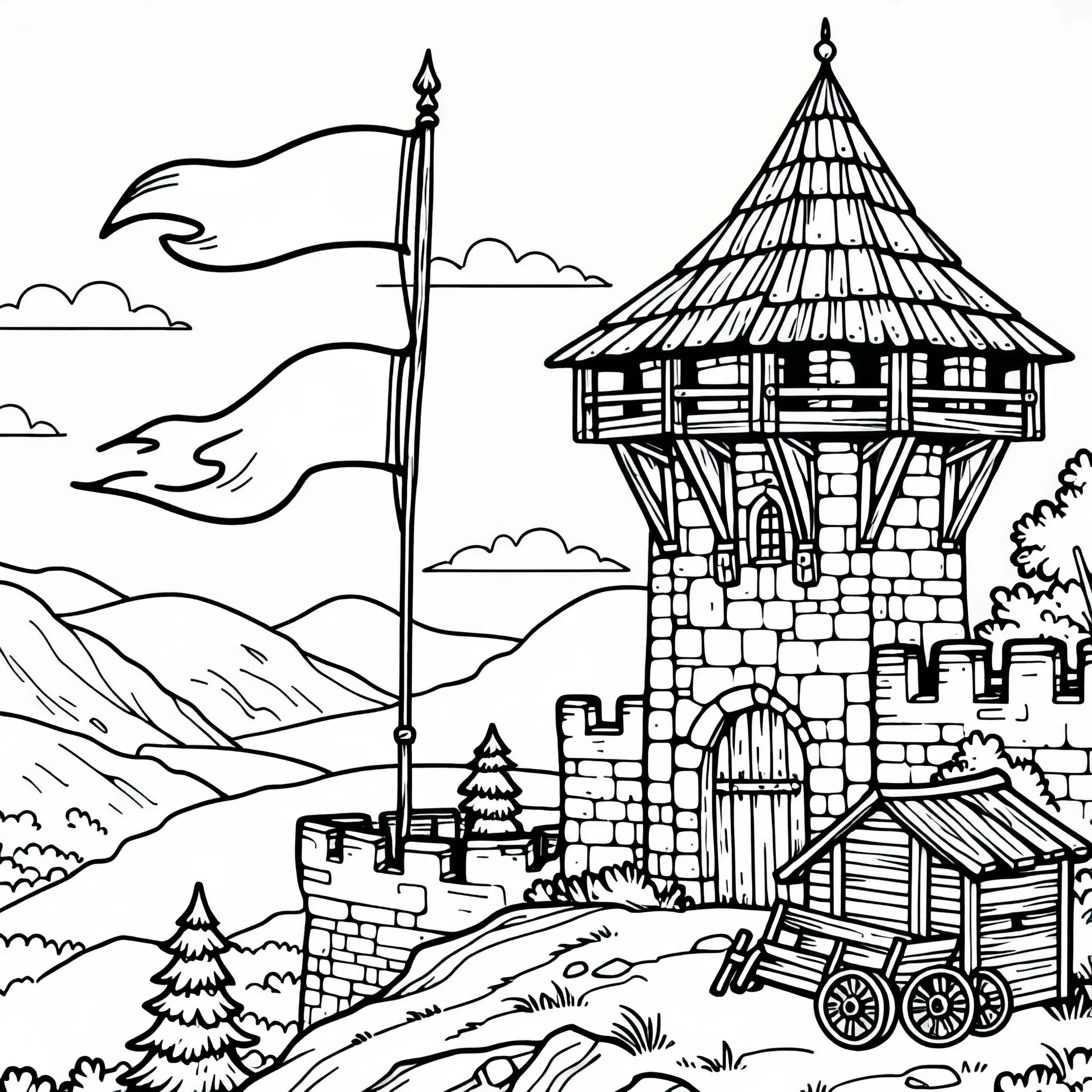 Wachturm einer Burg mit wehender Fahne – Ausmalbild kostenlos