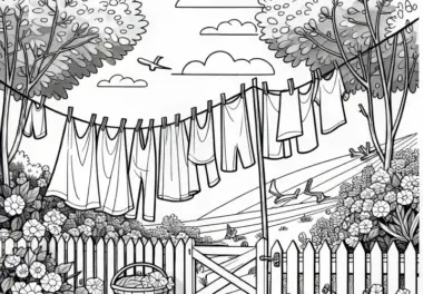 Wäscheleine mit Kleidern im Wind im Garten – Ausmalbild Dorflandschaft Kostenlos