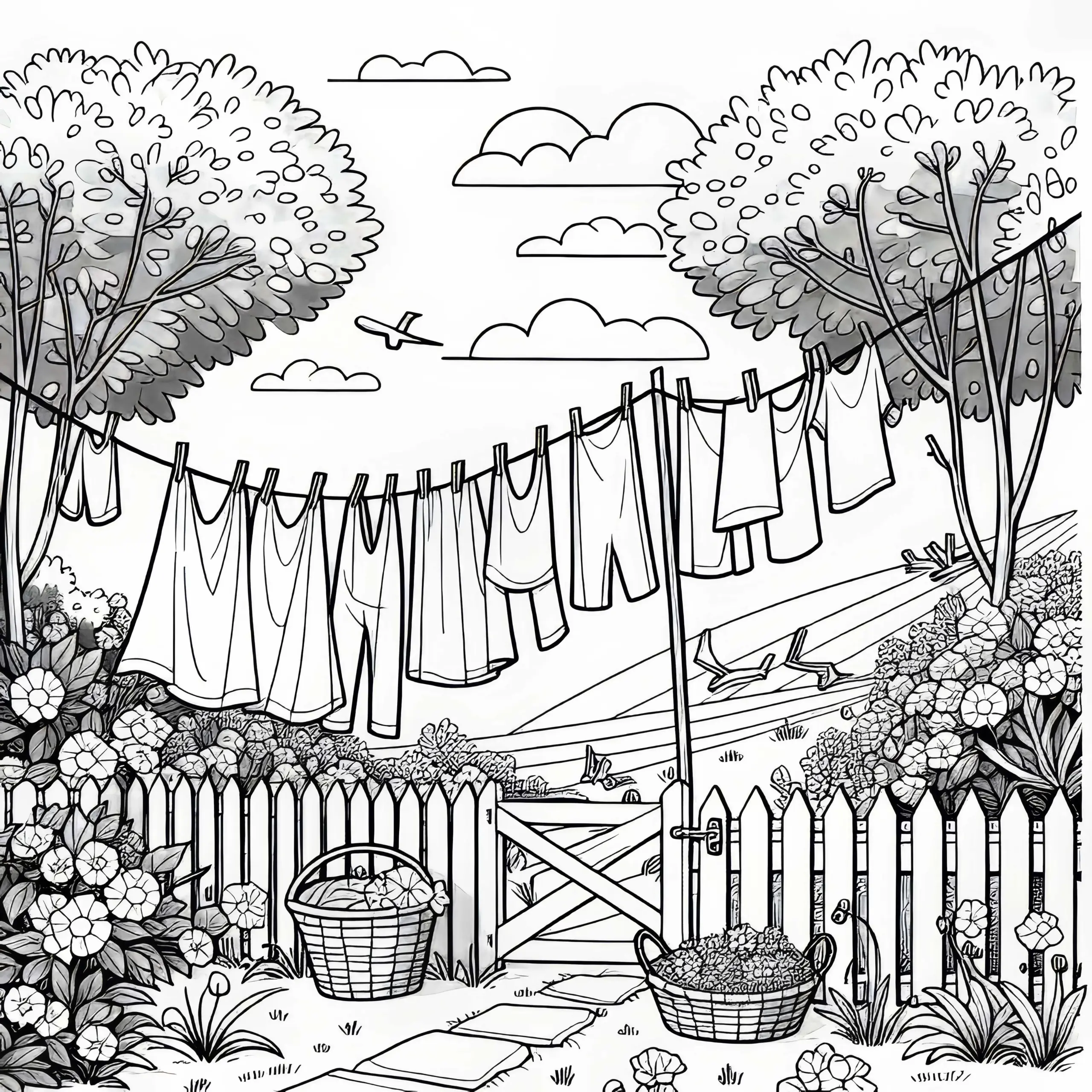Wäscheleine mit Kleidern im Wind im Garten – Ausmalbild Dorflandschaft Kostenlos