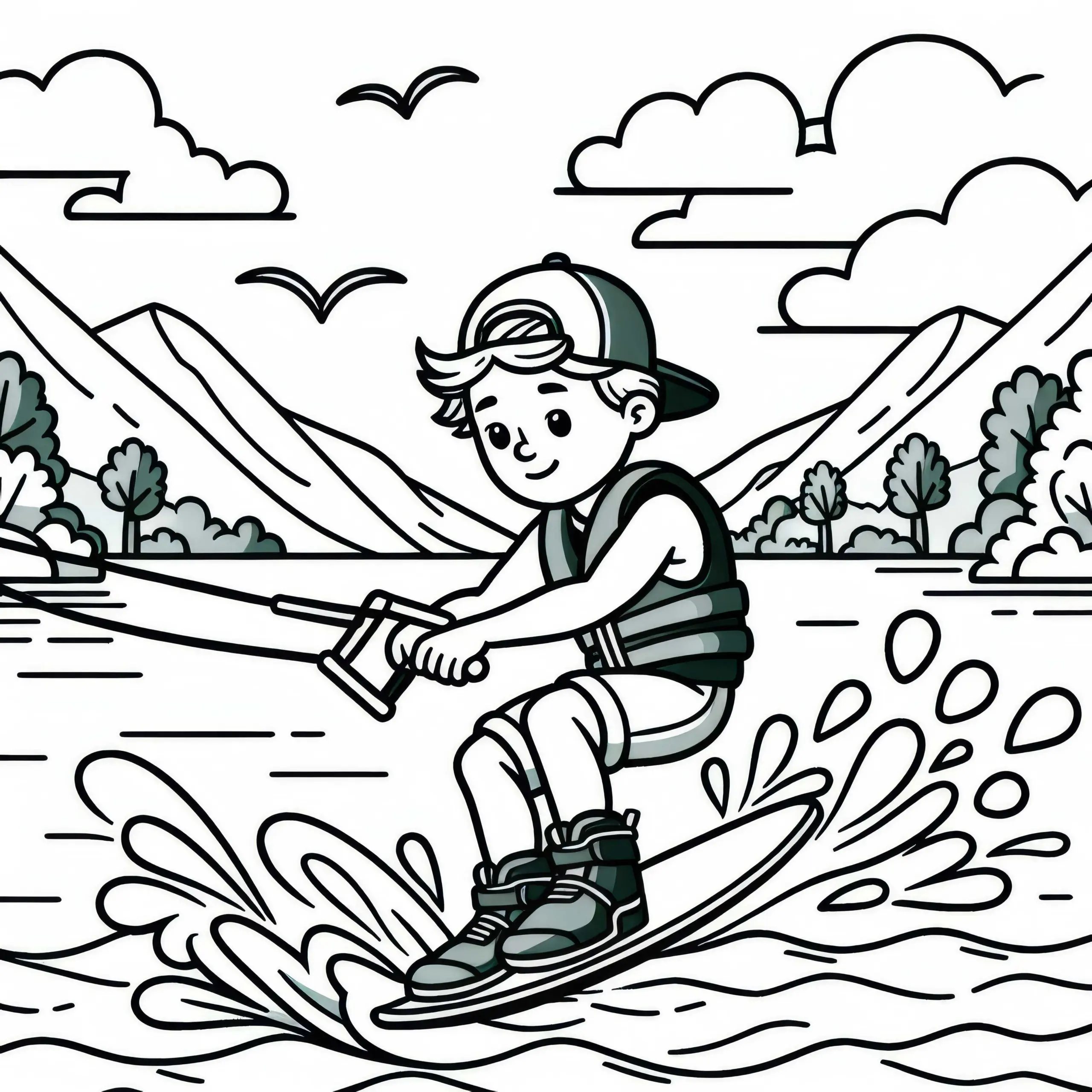 Wakeboarder fährt mit hoher Geschwindigkeit übers Wasser – Malvorlage kostenlos (Ausmalbild)