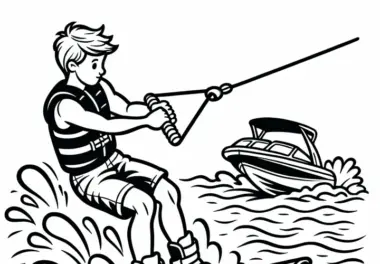 Wakeboarder hält sich am Zugseil – Malvorlage kostenlos