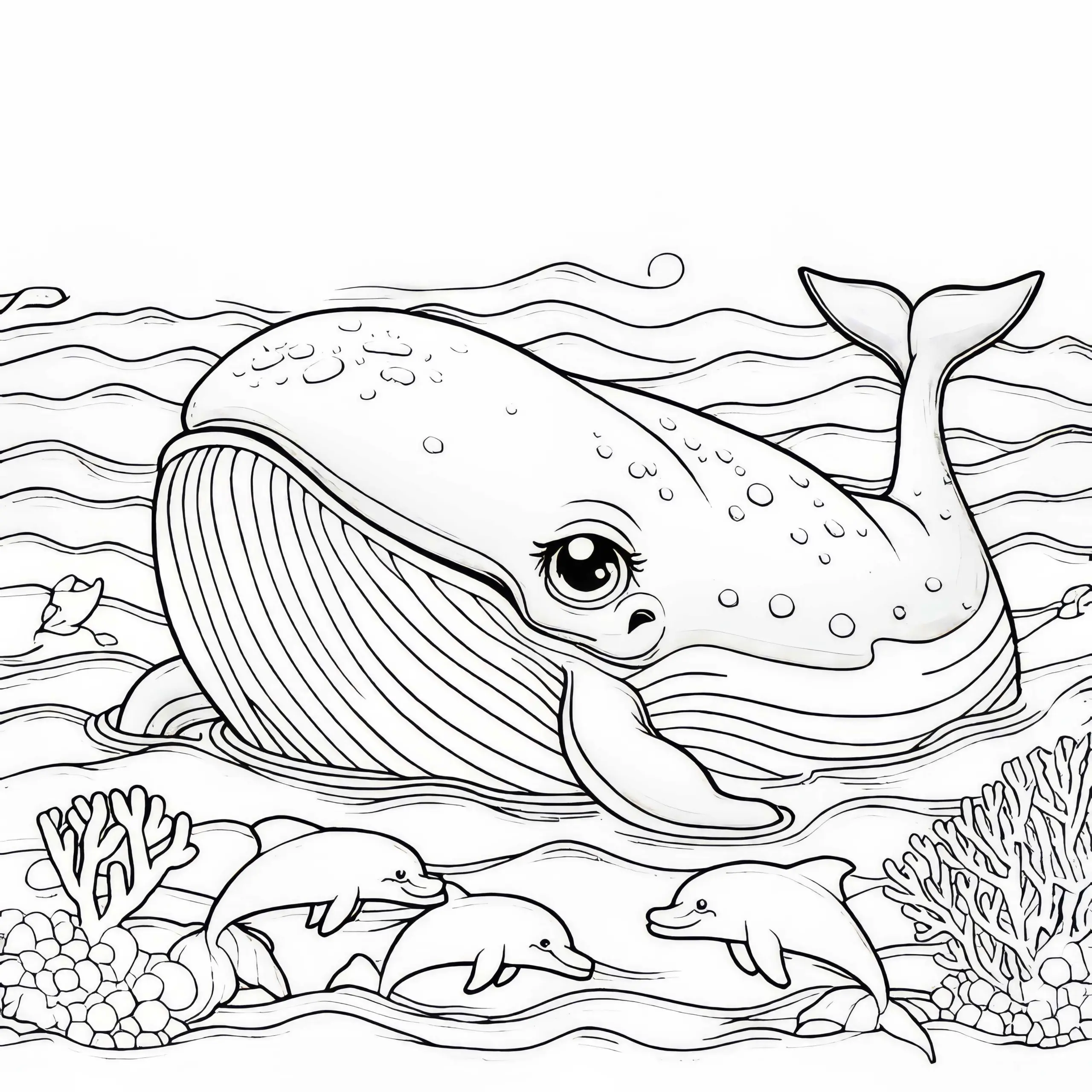 Wal mit Delfinen: Ausmalbild zum Download (Gratis)