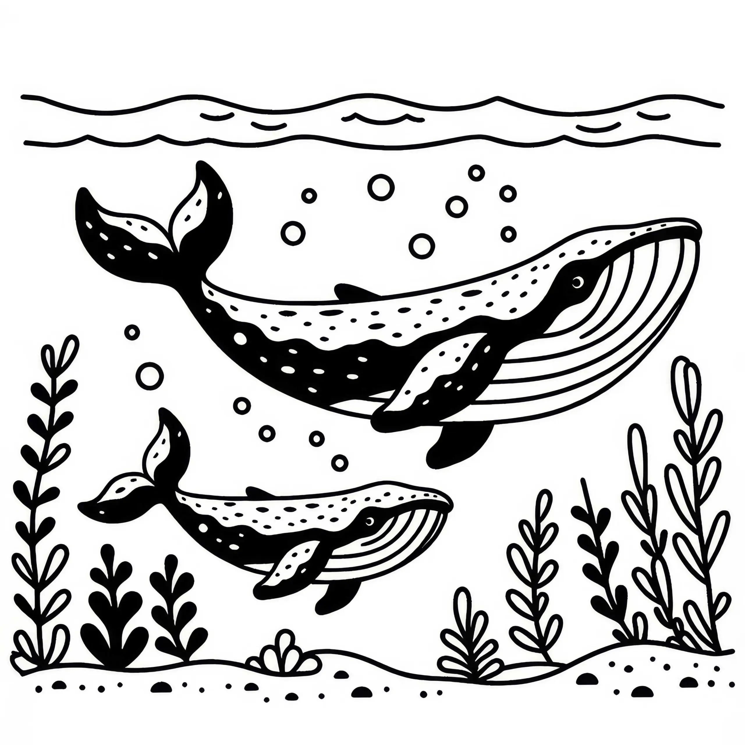 Wal mit Kalb schwimmt durch das Meer: Einfache Malvorlage (Kostenlos) (Ausmalbild)