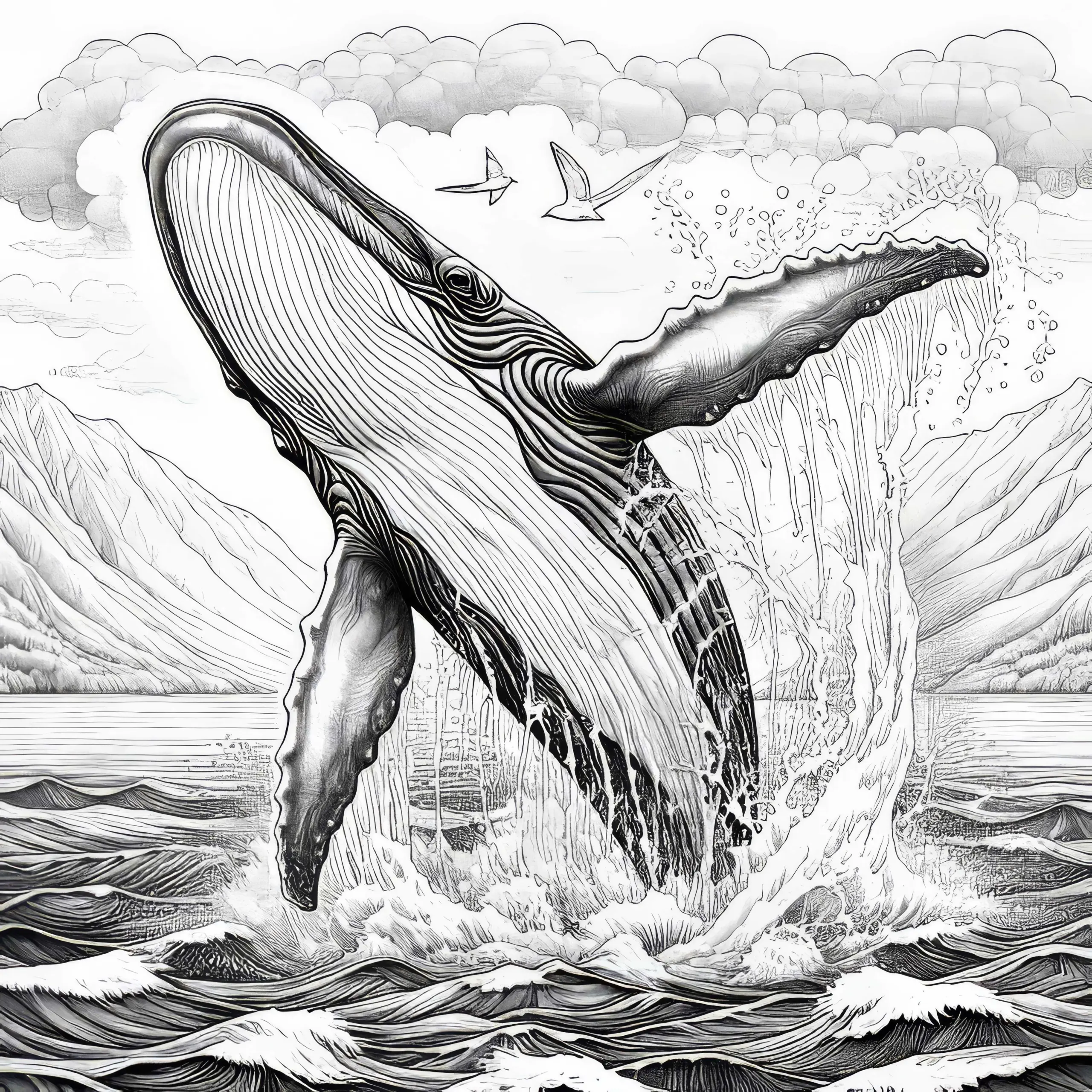 Wal springt aus dem Wasser: Ausmalvorlage zum Download (Kostenlos) (Ausmalbild)