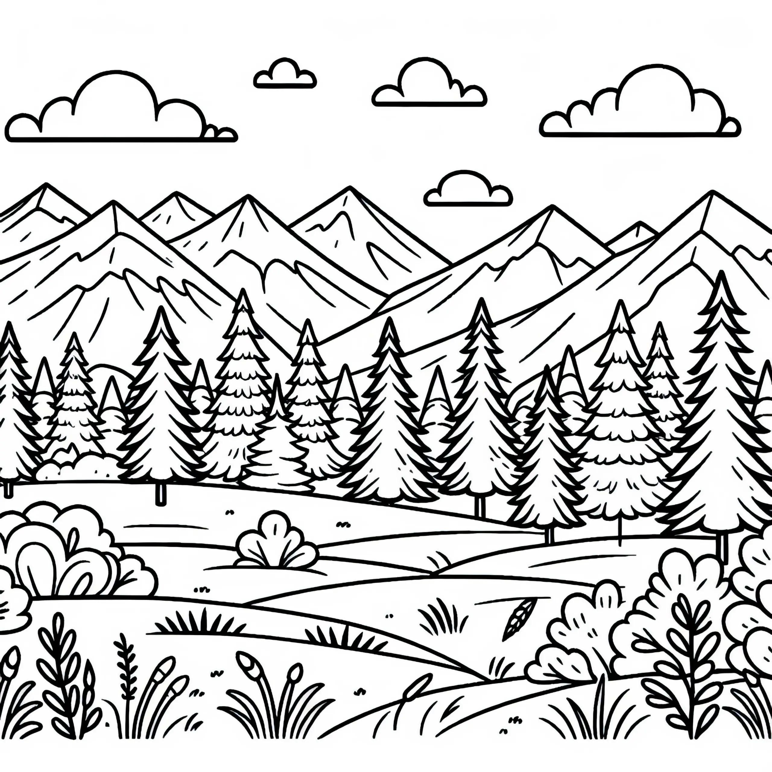 Wald mit Nadelbäumen: kostenloses Ausmalbild