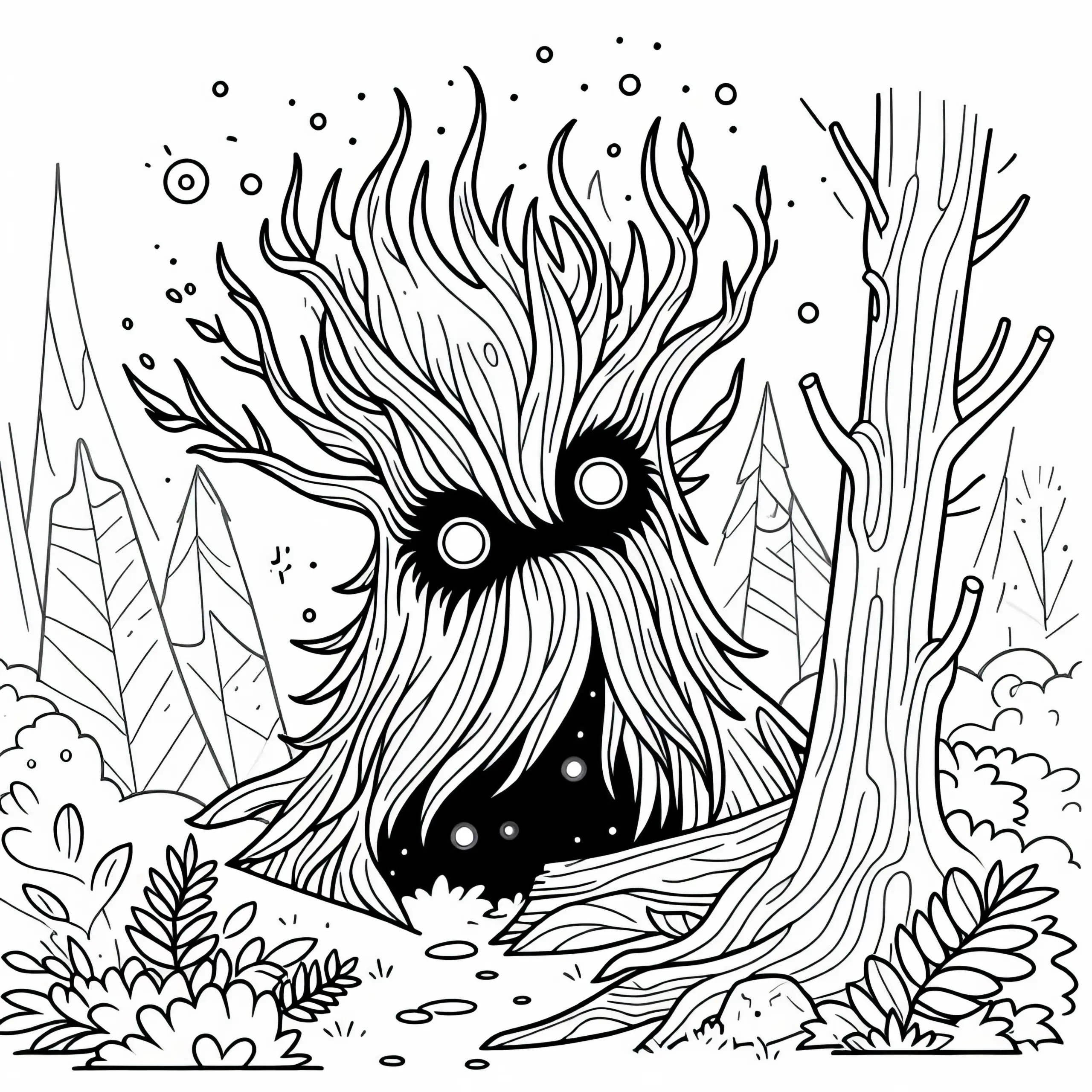 Der Waldgeist Erscheint Aus Bäumen Mit Leuchtenden Augen – Malvorlage Gratis (Ausmalbild)