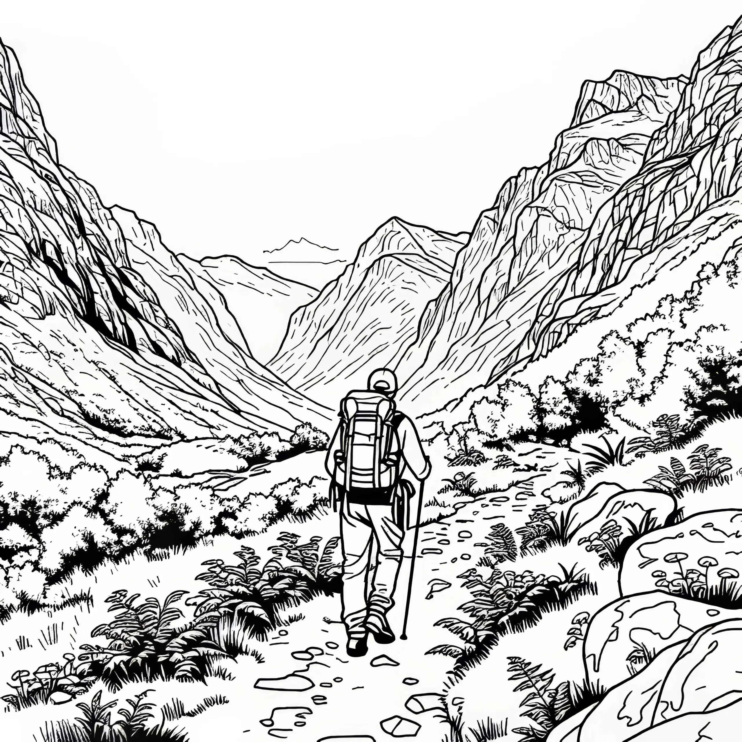 Wanderer auf Bergpfad im Gebirge als Ausmalbild kostenlos
