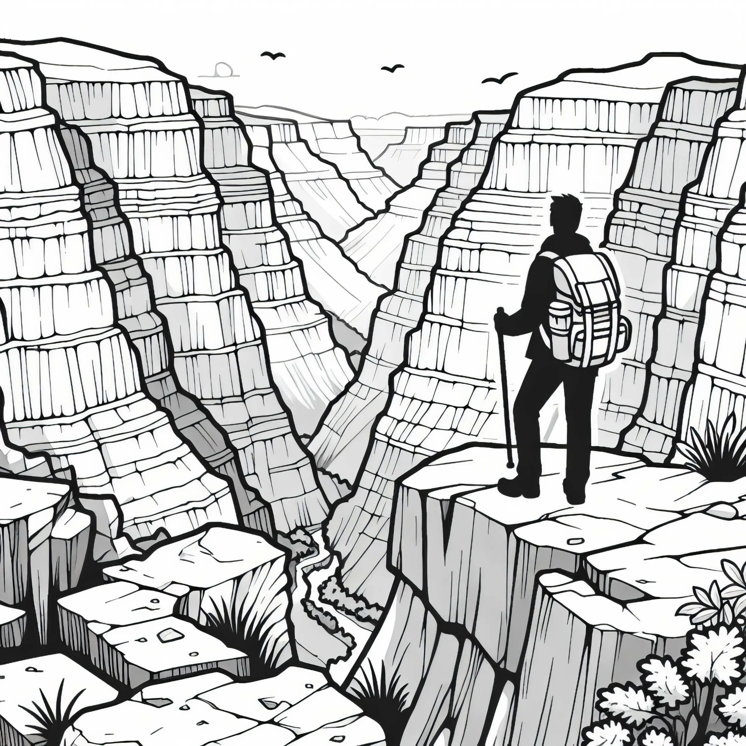 Wanderer steht auf Felsvorsprung eines Canyons – Ausmalbild kostenlos
