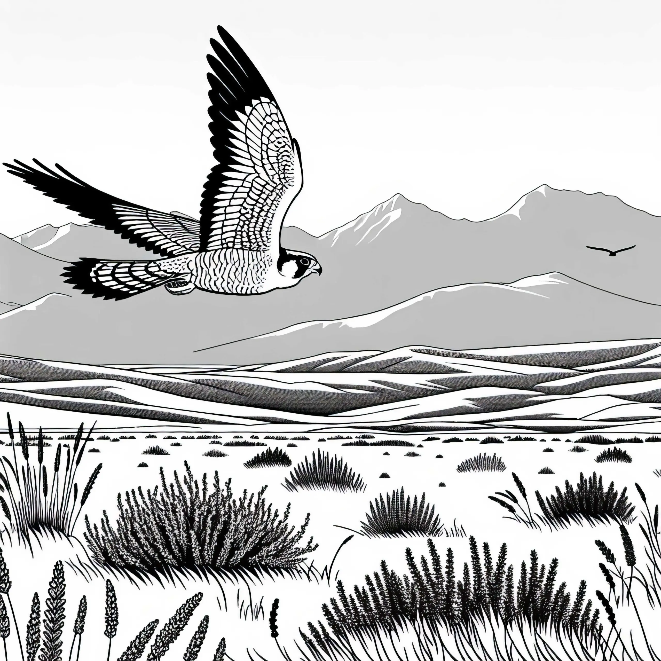 Wanderfalke kreist über der Steppe – Malvorlage kostenlos (Ausmalbild)