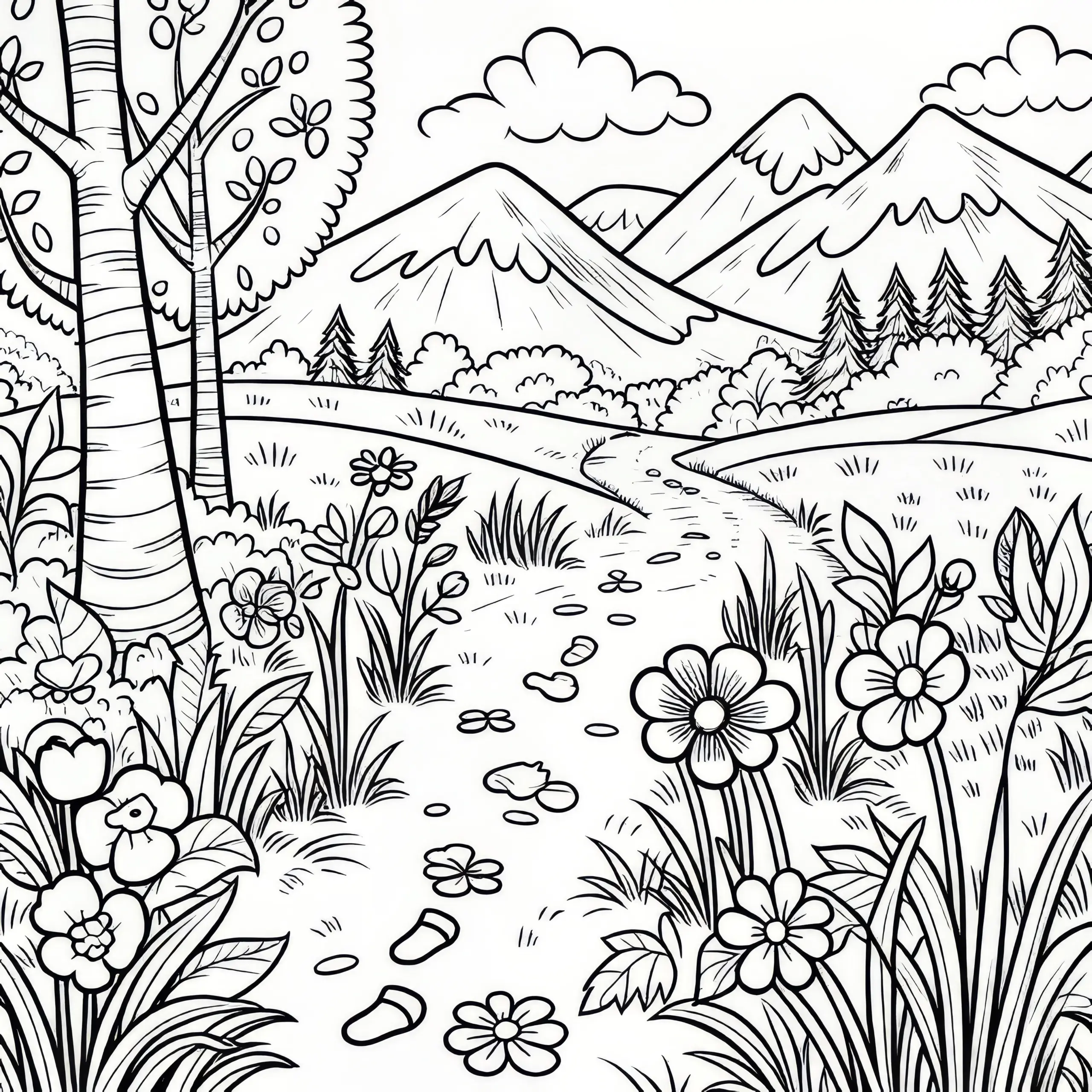 Wanderweg mit Blumen am Wegrand: Ausmalbild