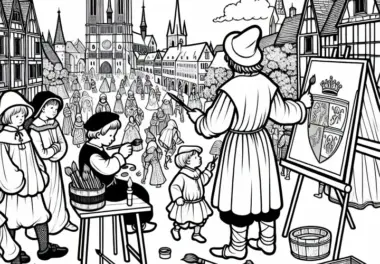 Wappenmaler Ausmalbild Stadtleben Mittelalter Gratis