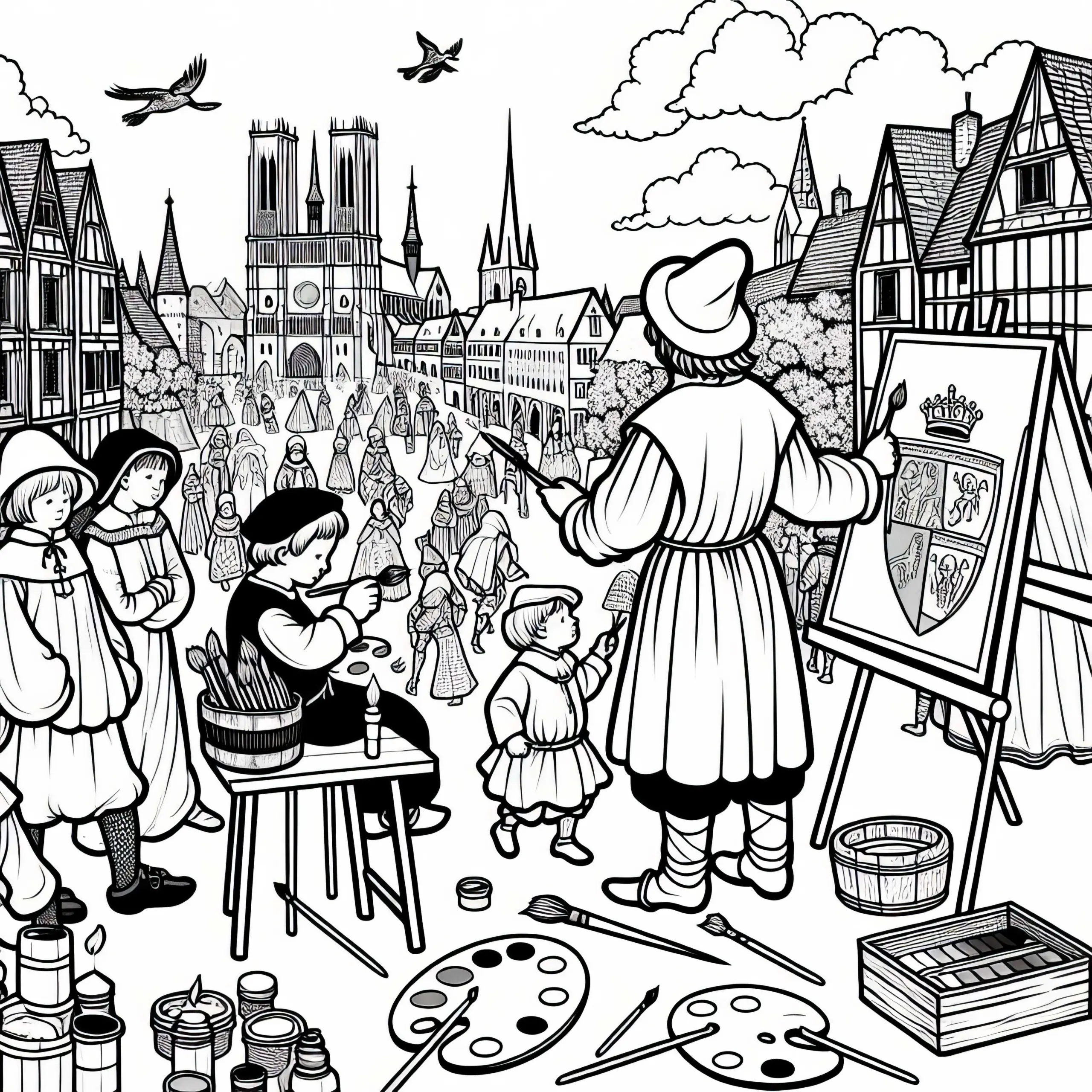 Wappenmaler Ausmalbild Stadtleben Mittelalter Gratis