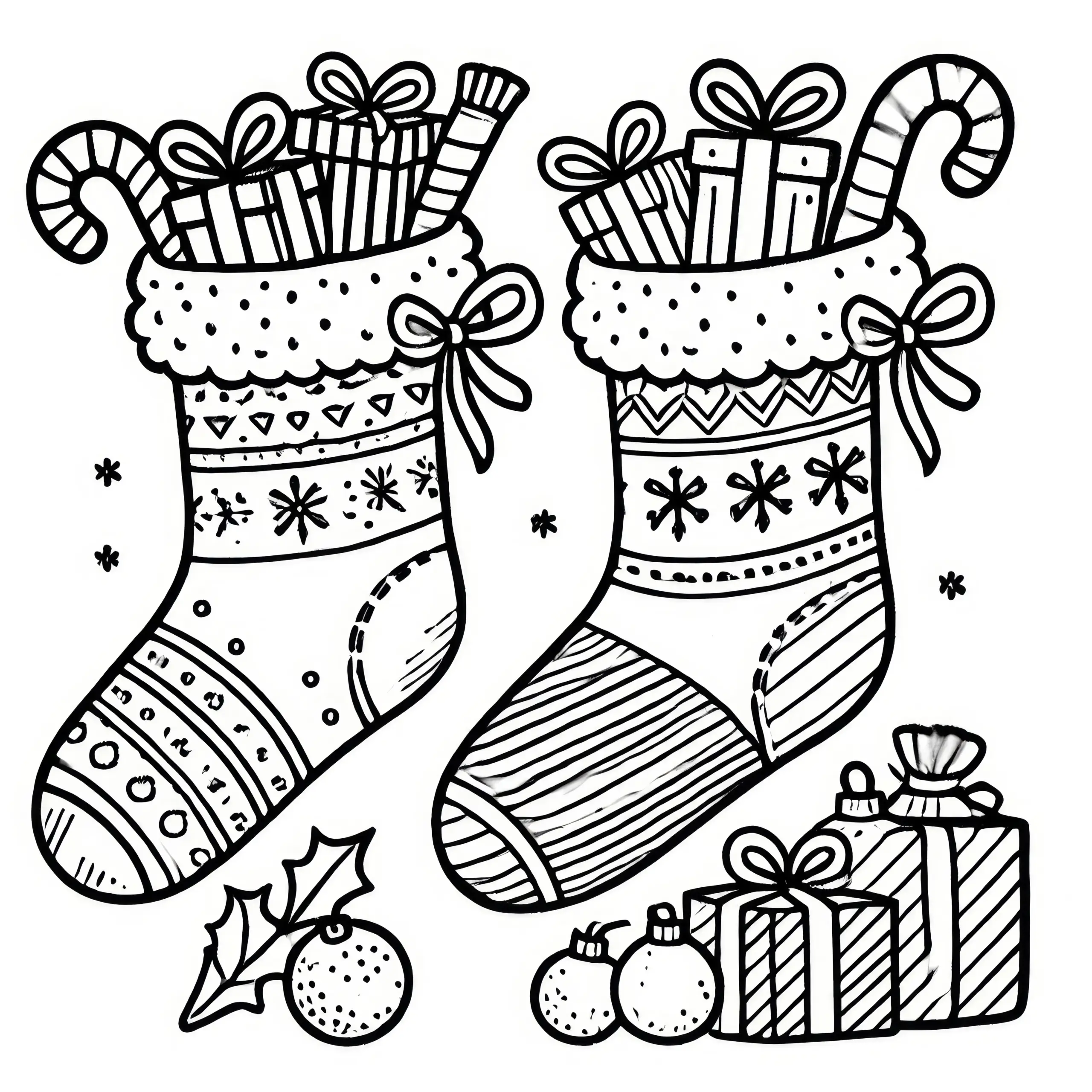 Warme Socken mit Nikolausgeschenken (Ausmalbild)