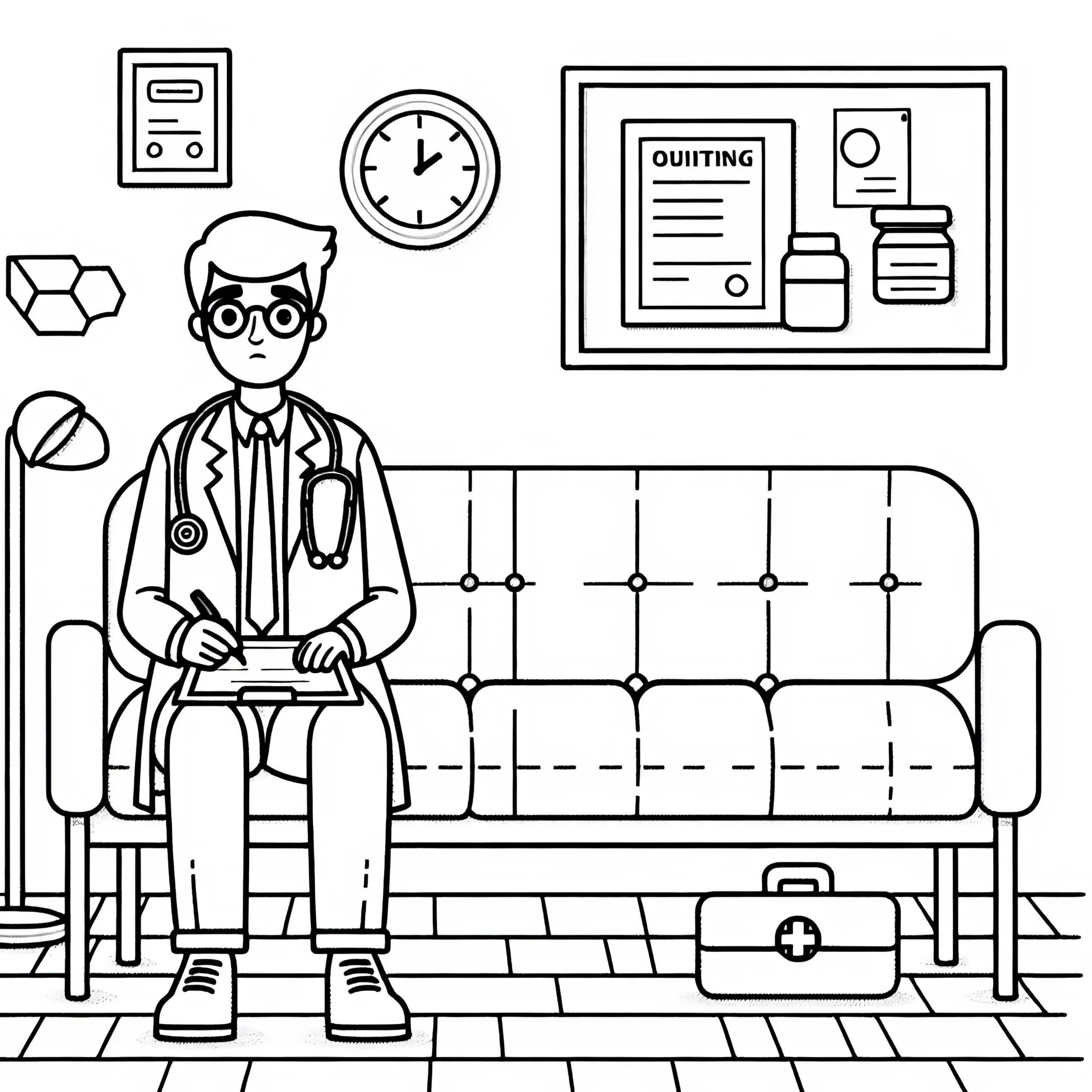 Wartezimmer bei Arzt – Ausmalbild einfach gratis downloaden