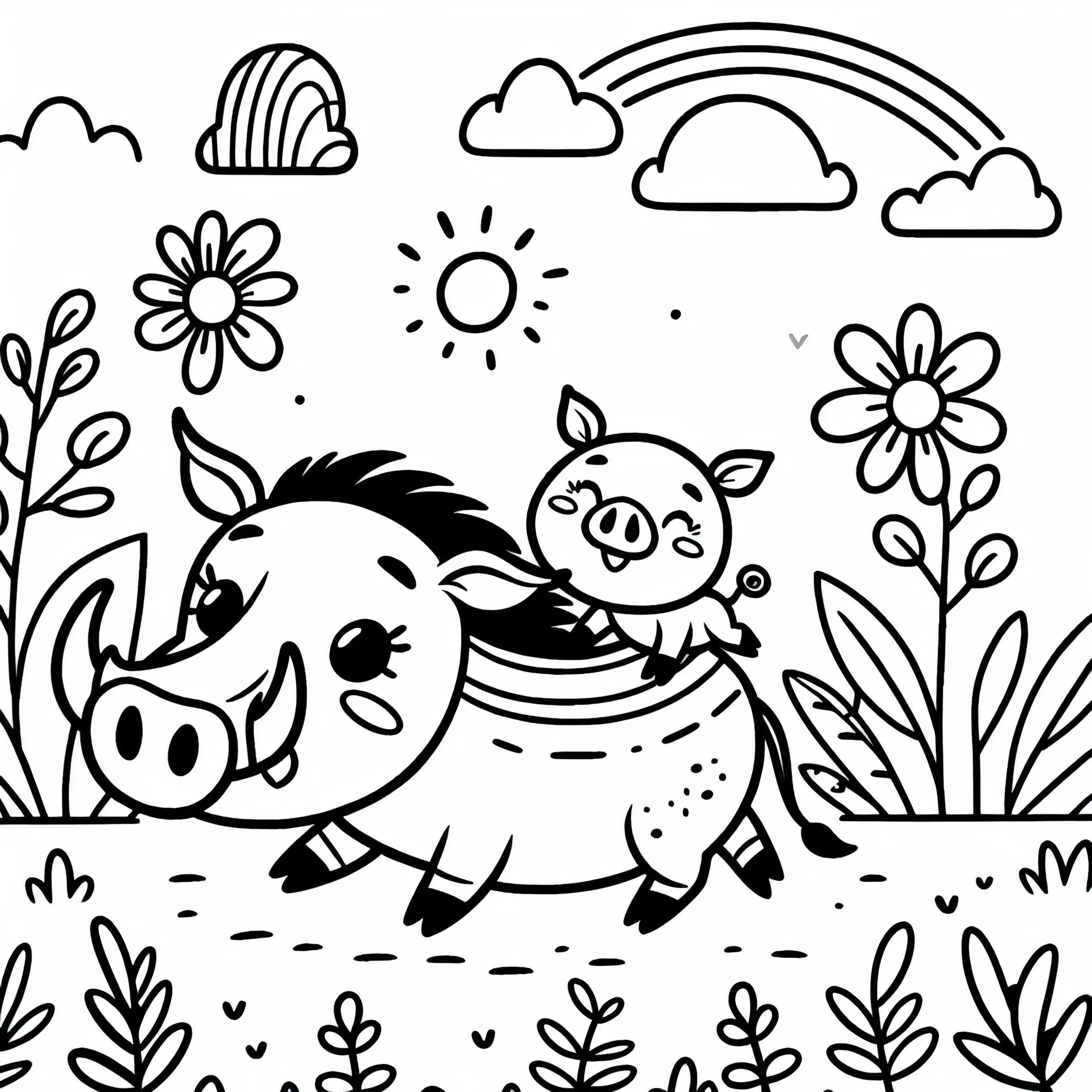Warzenschweinbaby mit seiner Mutter – Malvorlage gratis (Ausmalbild)