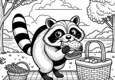 Waschbär klaut Sandwich vom Picknickkorb – Ausmalbild kostenlos