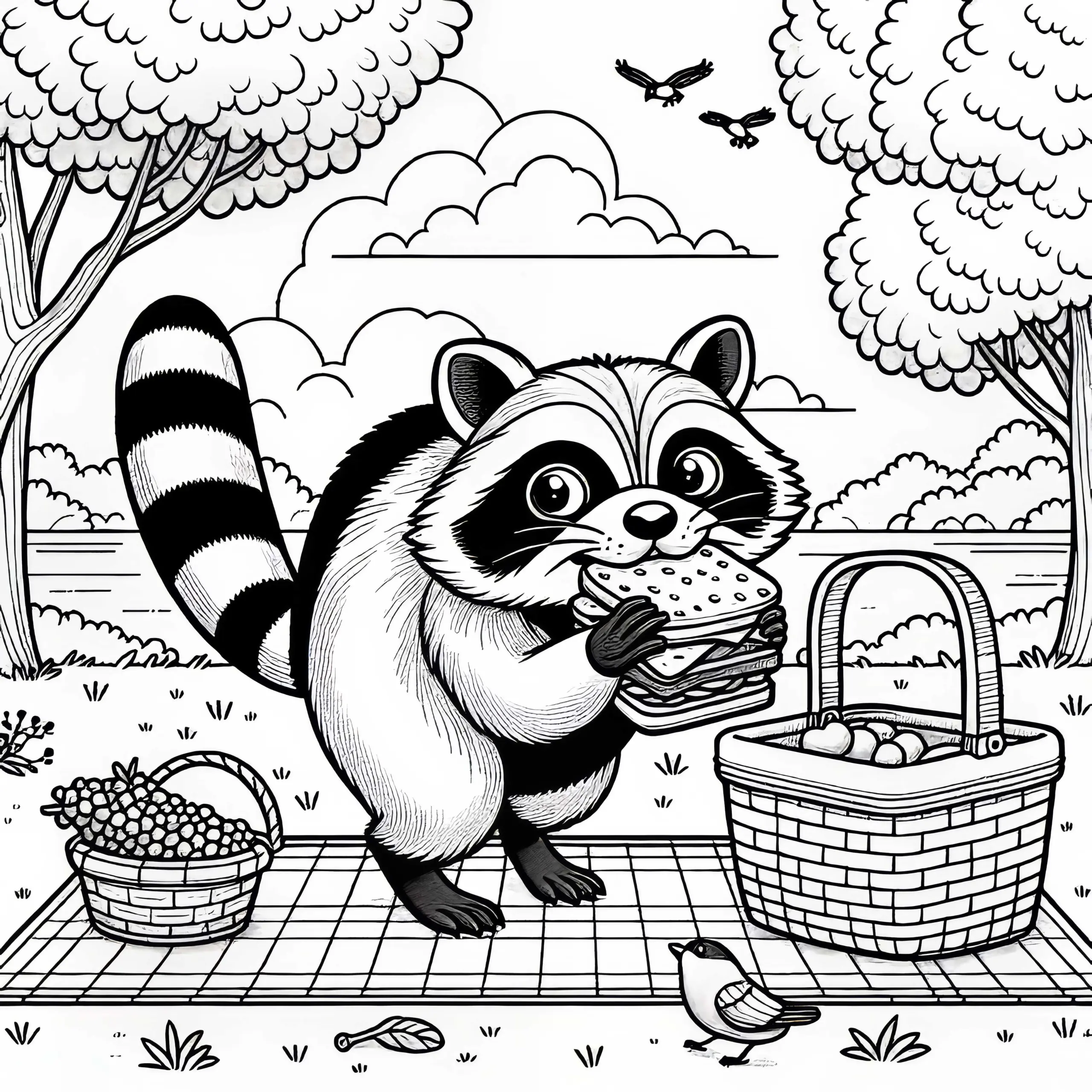 Waschbär klaut Sandwich vom Picknickkorb – Ausmalbild kostenlos