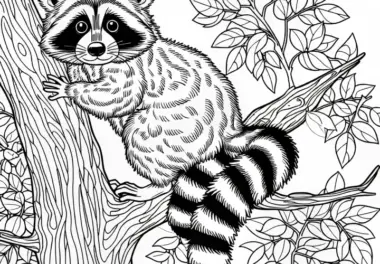 Waschbär klettert an Baum hoch – Malvorlage gratis