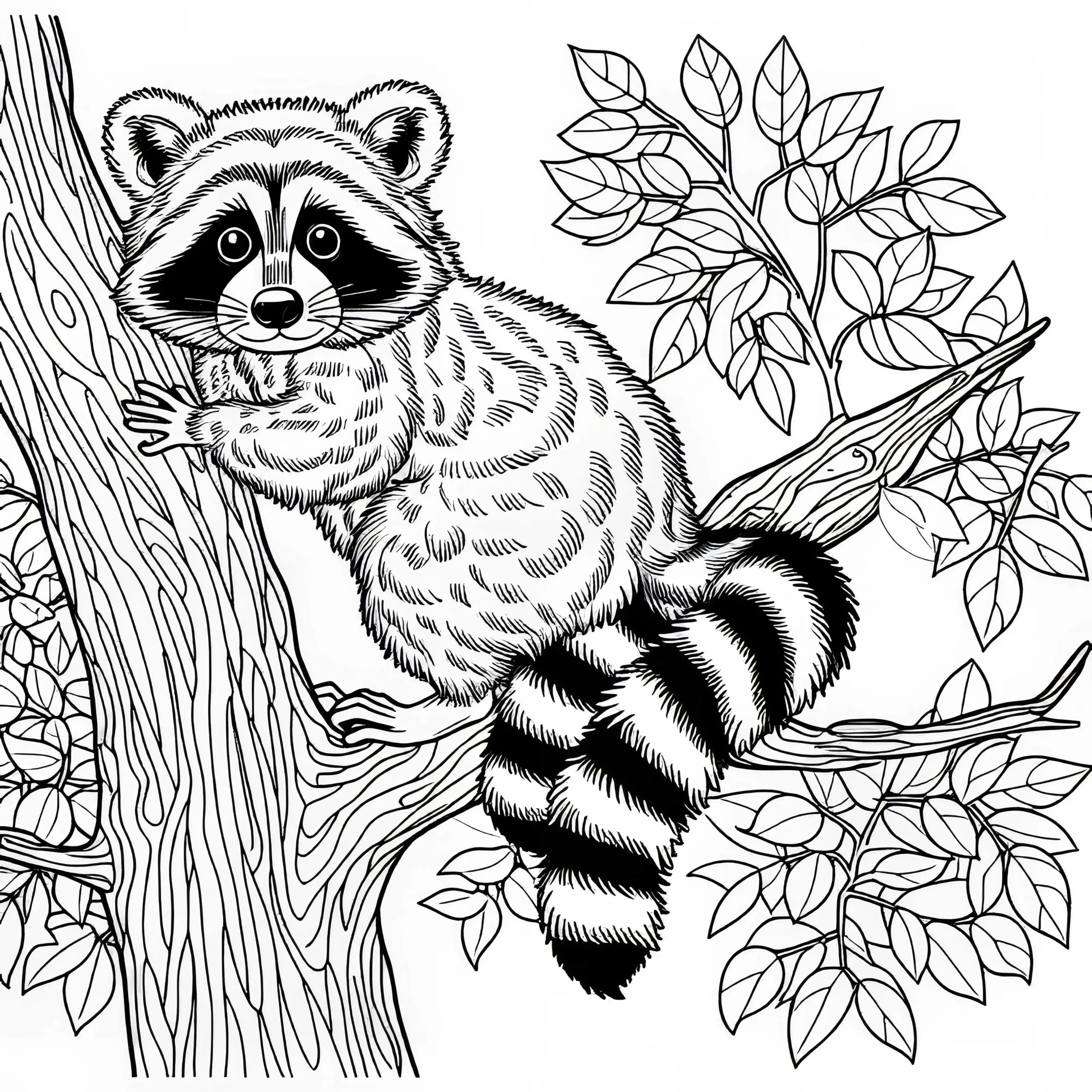Waschbär klettert an Baum hoch – Malvorlage gratis (Ausmalbild)