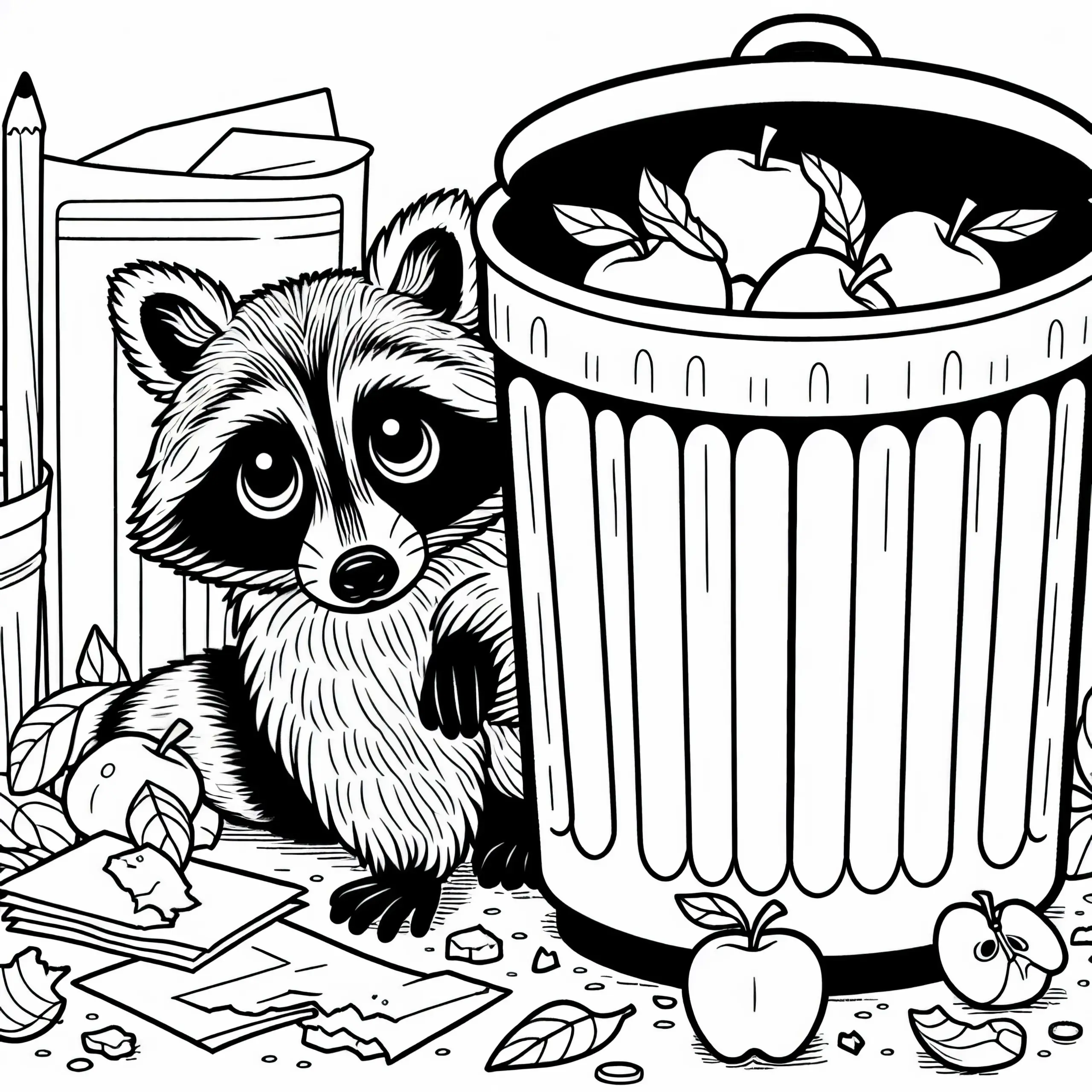 Waschbär Neben Mülltonne Mit Verstreuten Papierfetzen Und Apfelresten Malvorlage Kostenlos (Ausmalbild)