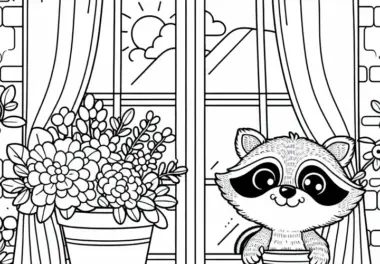 Waschbär schaut frech aus Fenster – Ausmalbild kostenlos