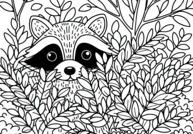 Waschbär versteckt sich hinter Busch – Malvorlage kostenlos