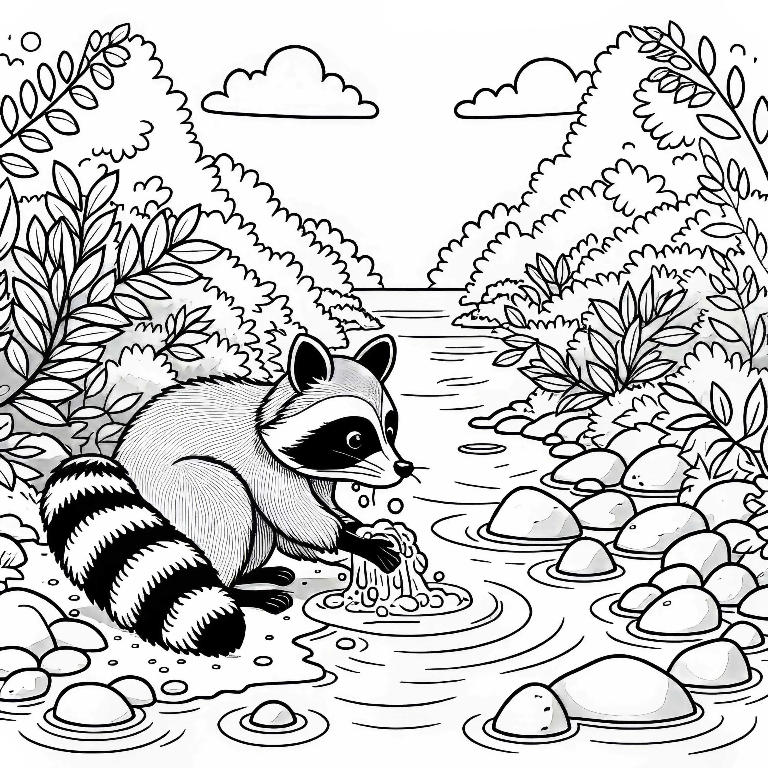 Waschbär wäscht etwas im Bach – Ausmalbild kostenlos