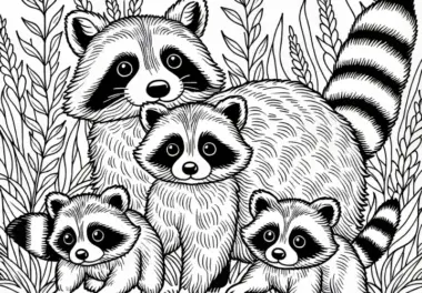 Waschbärenmama mit Jungtieren – kostenloses Ausmalbild zum Herunterladen