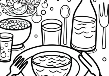 Wasser als Getränk zum Essen – Malvorlage zum Ausmalen