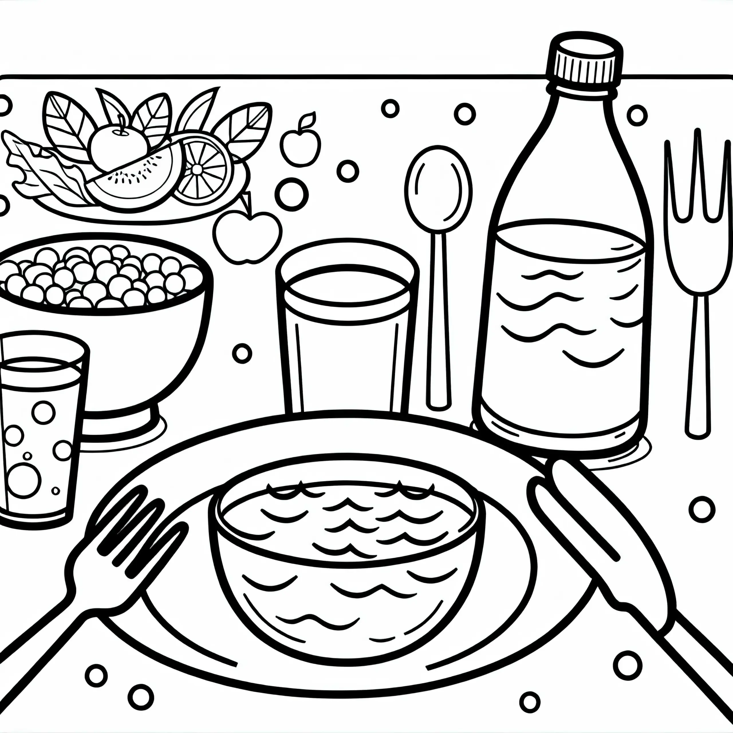 Wasser als Getränk zum Essen – Malvorlage zum Ausmalen (Ausmalbild)